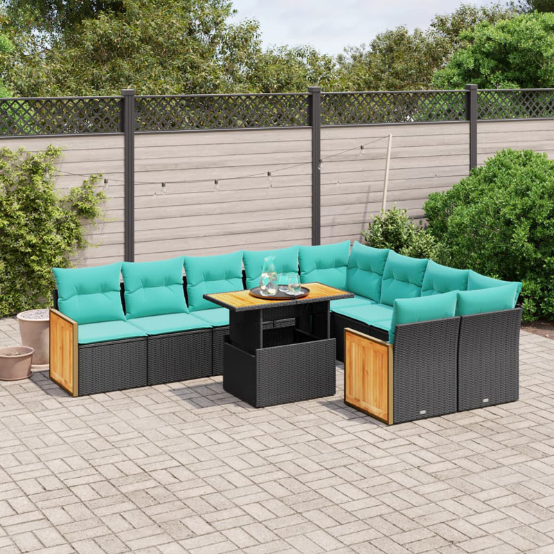  Ensemble de canapé de patio 10 pièces avec coussins en rotin de polyester, Vert, Noir