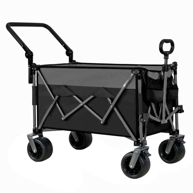 36"W Heavy Duty Folding Utility Wagon Cart, Steel Frame Push Pull Wagon with 360° All-Terrain Brake Wheels & Adjustable Handle, Large Capacity for Camping Beach Grocery Gardening