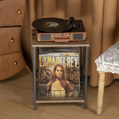 Sbanmao 2 Tier record player stand with vinyl record storage Small record player table Adjustable Feet record holder Vinyl Record Storage with Record Album Storage-Rustic Brown