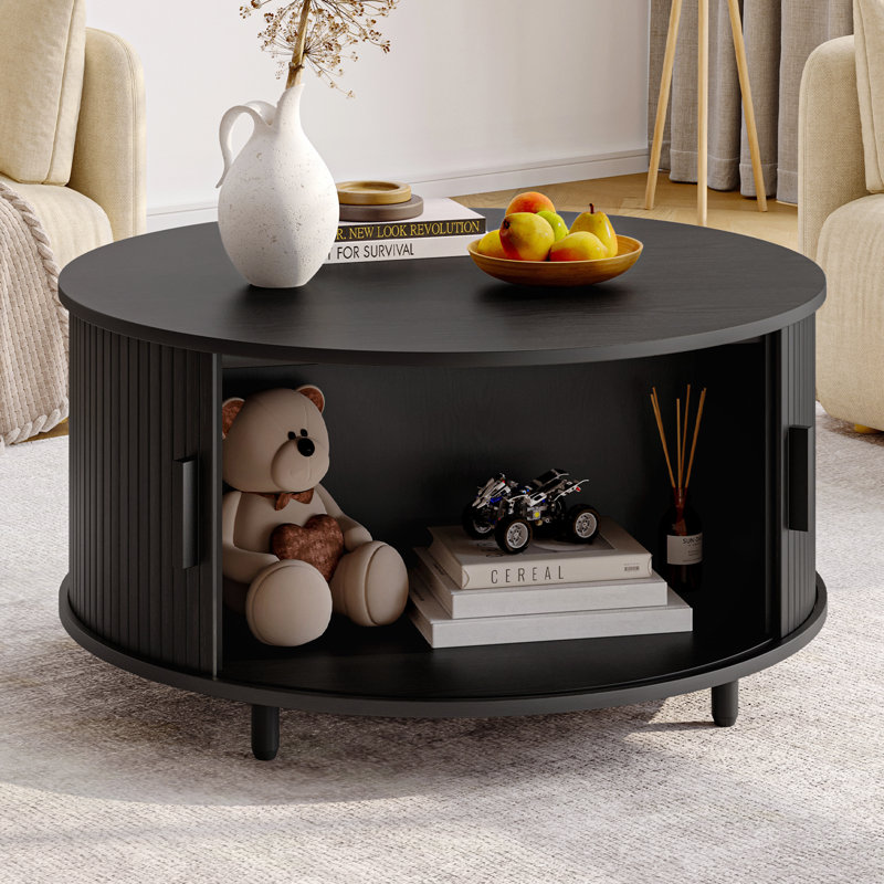 31.5" Modern Round Coffee Table With 360° Curved Sliding Door., Black