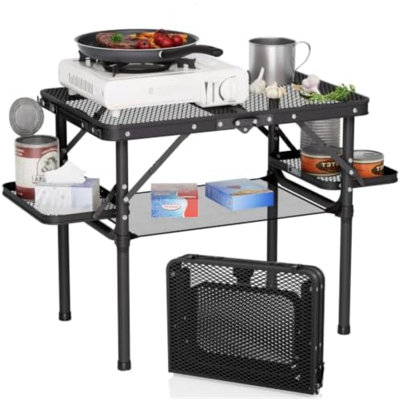 Table de camping pliante compacte de 60 cm avec plateau en maille métallique résistant à la chaleur, petite table de camping portable avec supports latéraux et filet, table de pique-nique pliante, table de plage, indispensable pour le camping en voiture, légère en aluminium