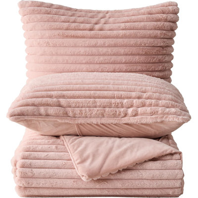 Fluffy Faux Fur Comforter Set, Plush Fuzzy Minky Bedding Set, 3 Pieces Striped Colour Warm Soft Comforter Bedding Set