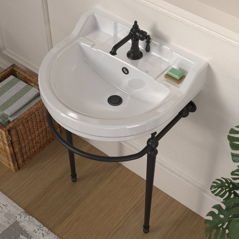Console Whitehaus de 22 po avec cuve semi-circulaire, repose-pieds en laiton massif et porte-serviettes à l'avant, Noir mat