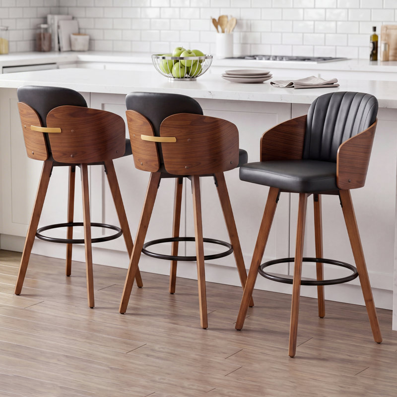 Tabourets de comptoir pivotants revêtus de similicuir avec structure en bois, Black