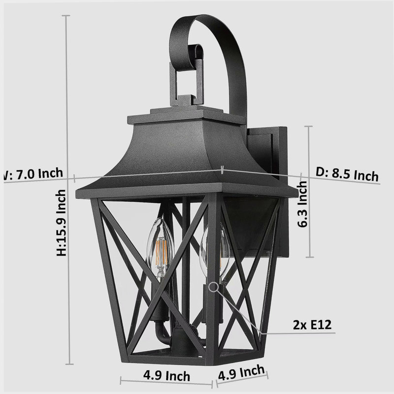 Applique murale d'extérieur noire 2 lumières, grande applique murale d'extérieur moderne, luminaire suspendu de couloir industriel avec éclairage d'aspect chalet imperméable en verre (1 pièce)