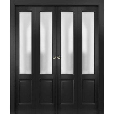 Sliding Closet Double Bi-Fold Doors | Lucia 22 With Frosted Glass | Sturdy Tracks Moldings Trims Hardware Set | Wood Solid Bedroom Wardrobe Doors