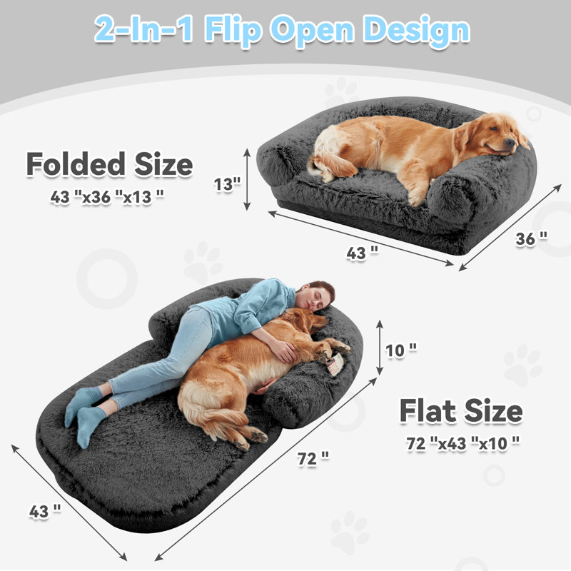 Lit pour chien Humain, lits pour chien de 72 po x 43 po x 10 po pour grands chiens, lit pliable et lavable en peluche pour les personnes assoupies, lits pour animaux de compagnie orthopédiques pour la taille de l'homme qui s'adapte à vous et aux animaux de compagnie - Gris foncé