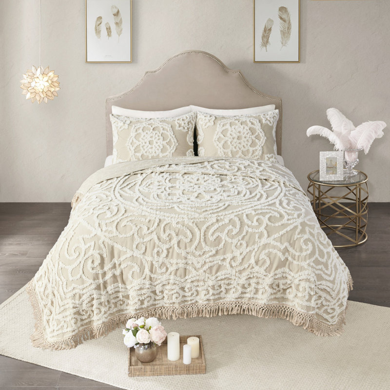 Frange en coton chenille médaillon pour chambre à coucher élégante, Queen Coverlet + 2 Standard Shams, Blanc cassé