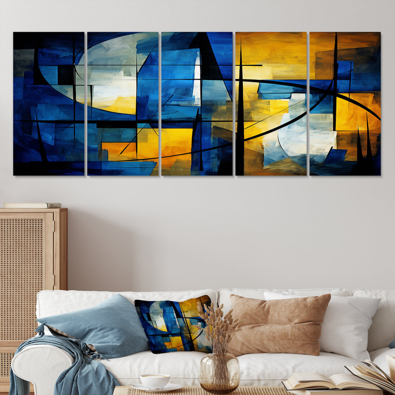 Symphonie dans les rois bleus Jazz I - décoration murale géométrique 5 pièces, H 32 po x l 80 po