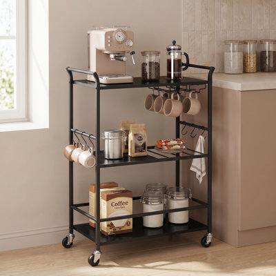 25.4"W 3-Tier Rolling Bar Cart with Wine Rack and Glass Holder