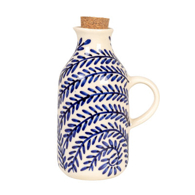 8 Oz. Hand-Painted Stoneware Oil Cruet With Design And Cork Stopper