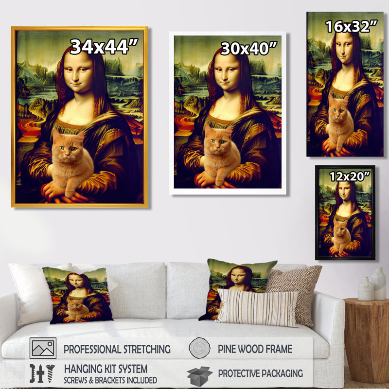 Mona Lisa avec chat brun - chat, art mural, salon, H 20 po x l 12 po x P 1 po, Toile avec cadre noir