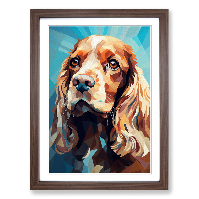Cocker Spaniel Geometric - Single Picture Frame Print on Wood, 34cm H x 25cm W x 2cm D, Walnut