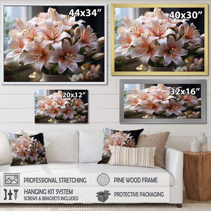 «Peach White Lilies Elegant II», reproduction sur toile, Toile tendue, H 30 po x l 40 po x P 1,5 po