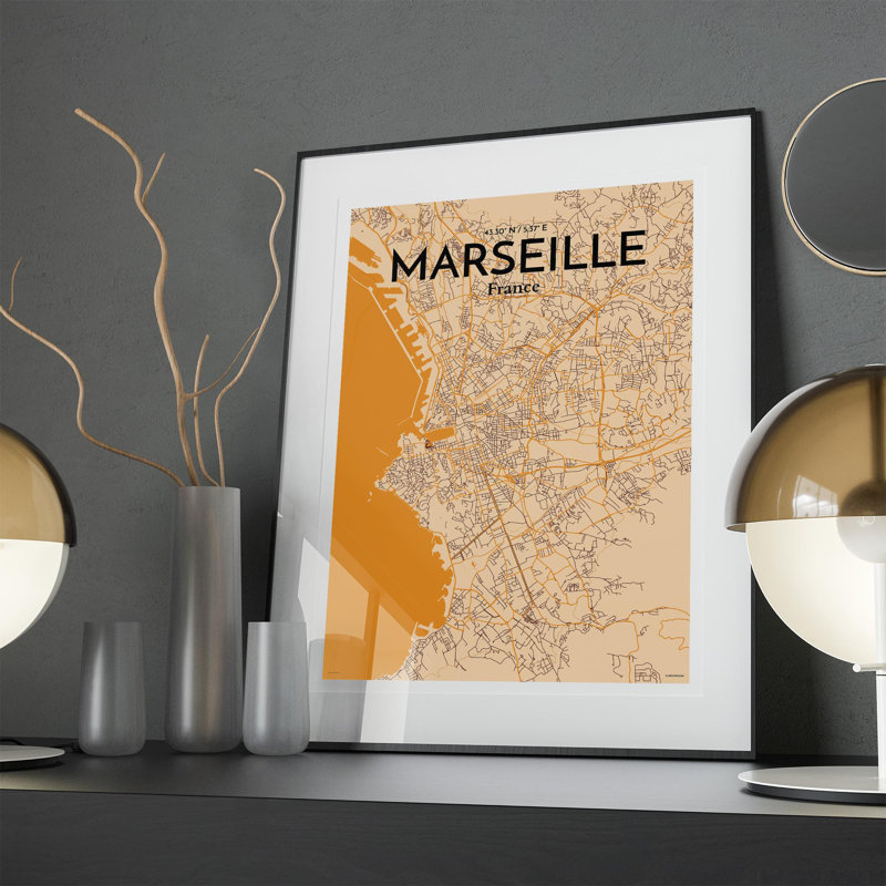 «Marseille City Map», impression, H 27,6 po x l 19,7 po, Orange / or pâle