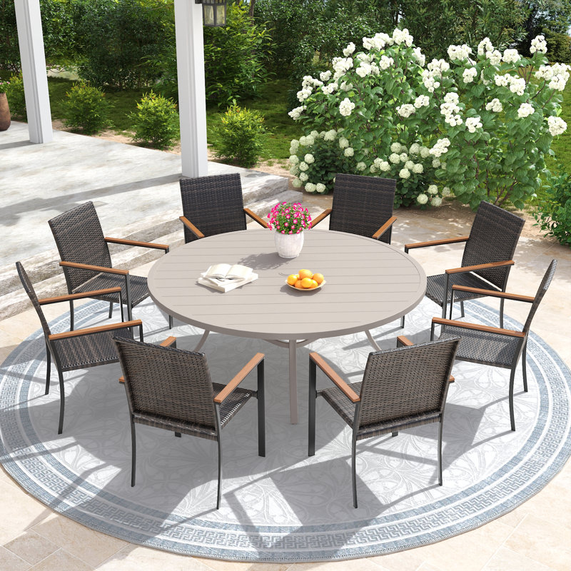 8-Person Outdoor Round Patio Dining Set with 63" Dining Table and 8 Stackable PE Wicker Chairs, Beige