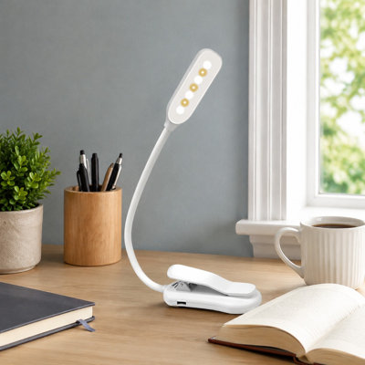 White Bendable Clip-On Book Reading Lamp with 5 LED Lights, Eye-Care Illumination, 3 Changeable Colors, and Battery-Operated USB Rechargeable Power fo