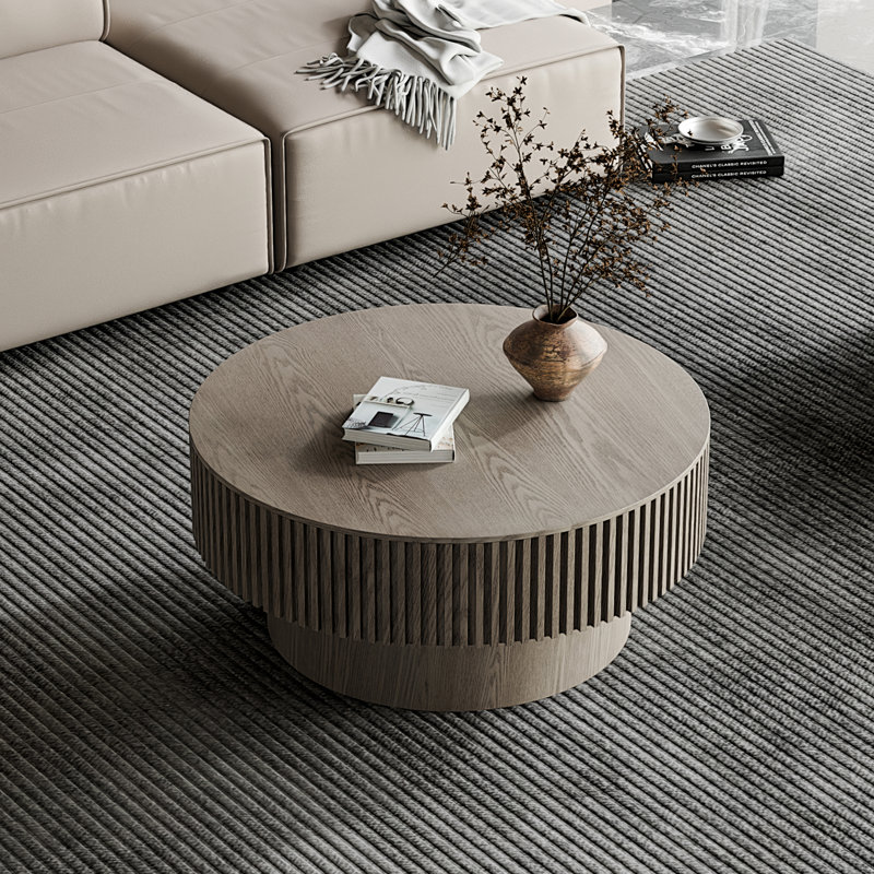 Table basse 31,5 "ronde avec rangement Table d'appoint moderne en placage de bois massif, Grey