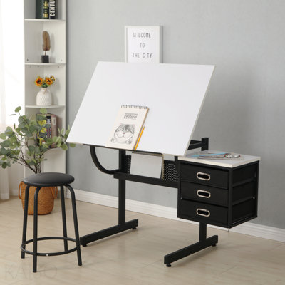 Drafting Drawing Table - Adjustable, 3 Drawers, Stool - White