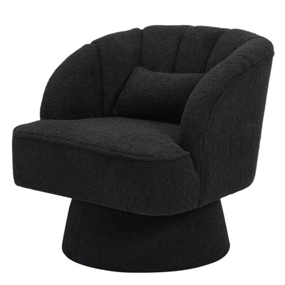 Fauteuil pivotant en polaire, dossier capitonné rayé, base conique, structure en bois massif, assise rembourrée en mousse, capacité de charge de 136 kg, fauteuil de détente rond noir pour salon et chambre.