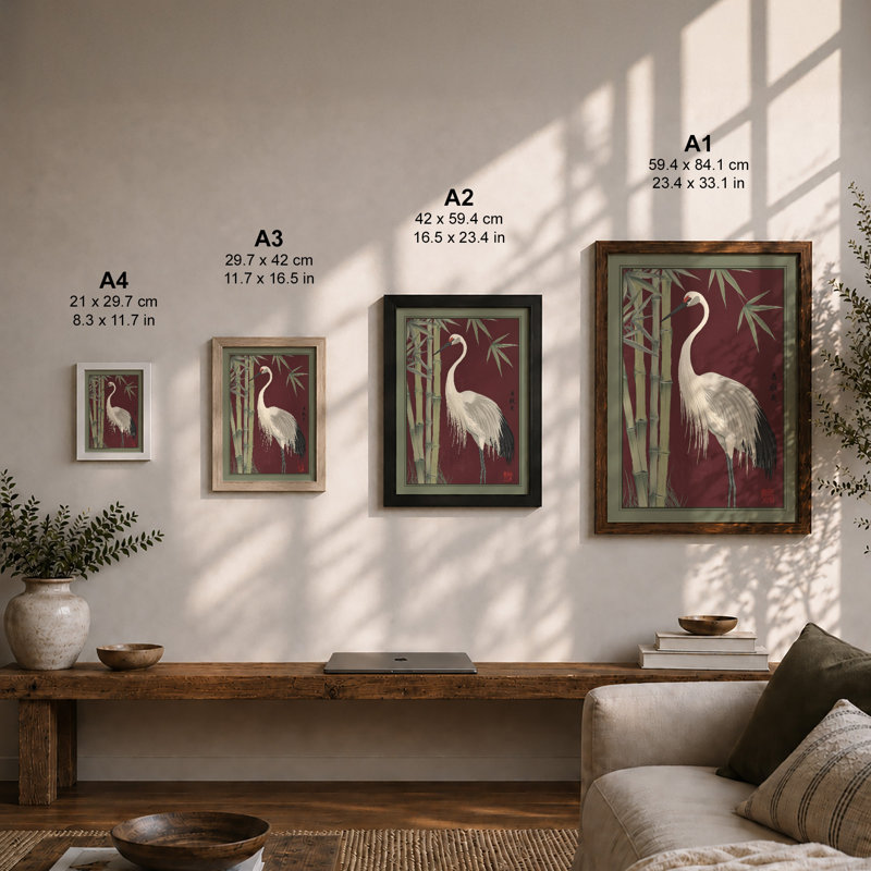 Crane Among Bamboo Japandi - Framed Print, Black, A3 - 42.0 x 29.7 cm