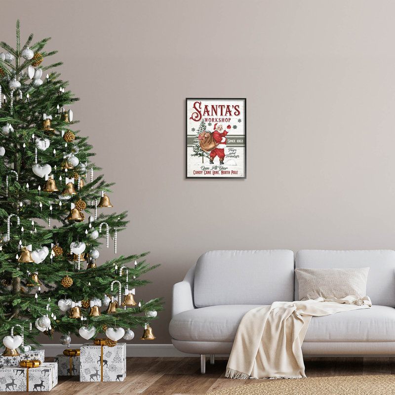 Père Noël atelier patiné - 195, H 20 po x l 16 po x P 1,5 po, Giclée encadrée noir minuit