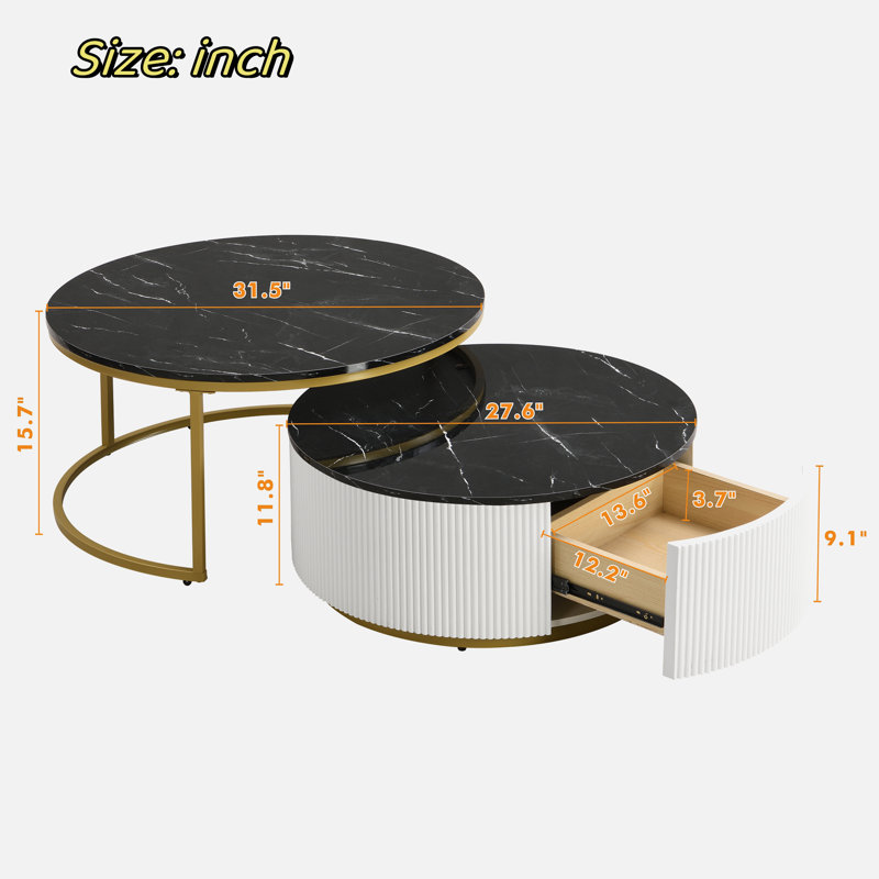 Round Nesting Coffee Table With Fluted Design And Drawers, Black