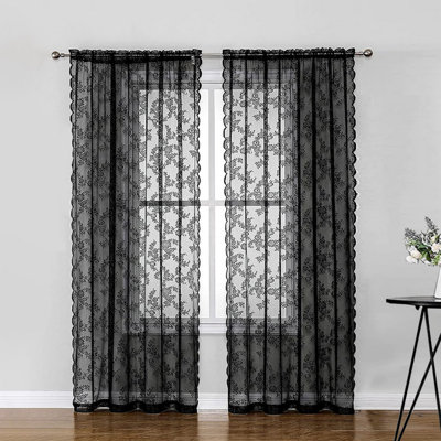 Lace Curtain Good Air Permeability Sunscreen Extra Soft Dustproof Washable Decorative Tear Resistant Floral Patterned Black Lace Sheer Curtain Home Supplies