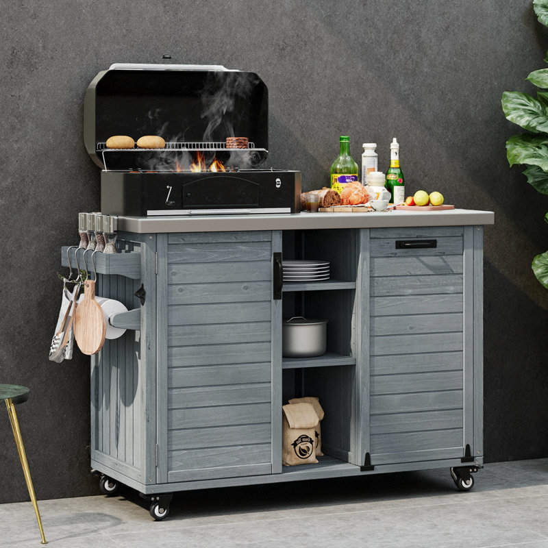 Îlot de table pliable de 78 po avec rangement pour poubelles, plateau et roulettes en acier inoxydable, bois de sapin massif, bleu gris