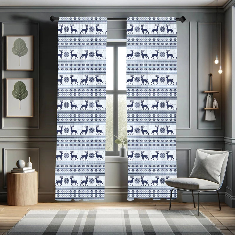 Blue Nordic Pattern Light Filtering Rod Pocket Curtain Panels
