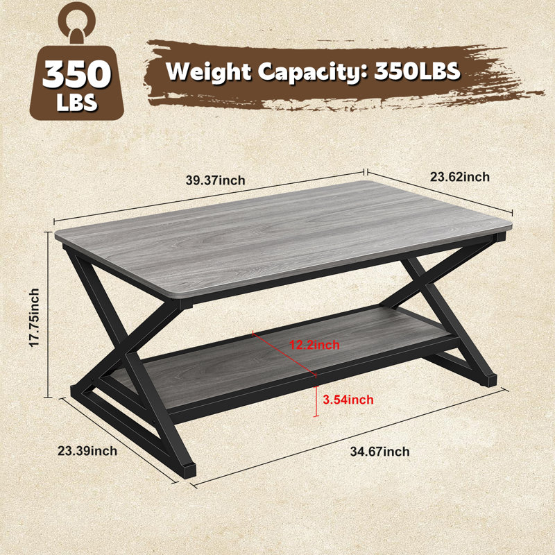 39.4" Grey Rectangular Coffee Table with Storage Shelf for Living Room,350lbs Load Capacity, Easy Assembly, Gray