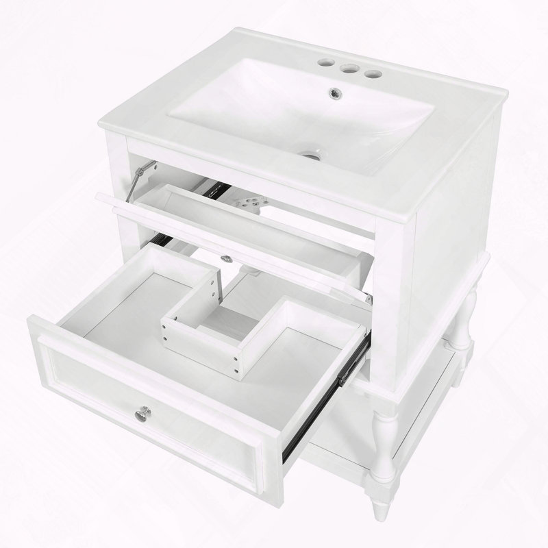 Meuble-lavabo rétro avec tiroirs en céramique et tablette ouverte, Blanc