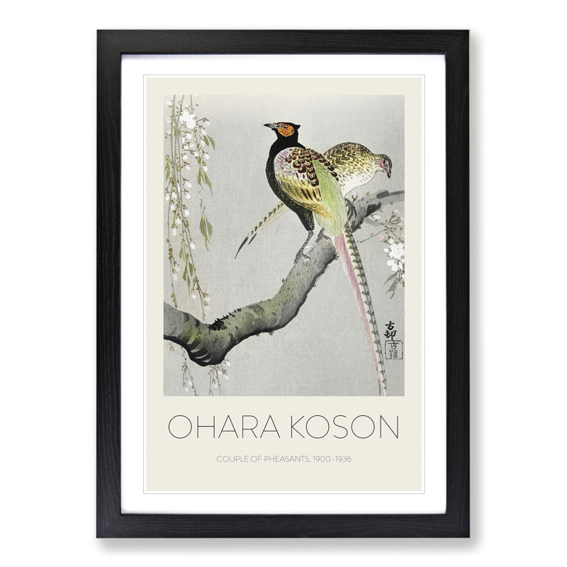 Pheasants and Cherry Blossom by Ohara Koson - Picture Frame Painting, 65cm H x 48cm W x 2cm D, Black