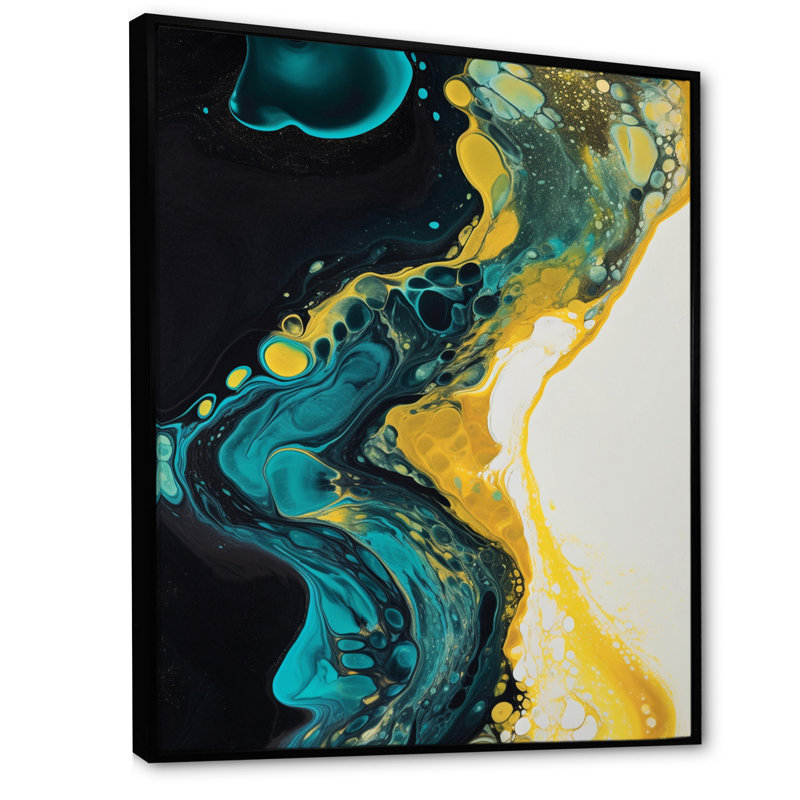 Sarcelle et jaune liquide Dreams III - décoration murale abstraite, Cadre flottant noir, H 32 po x l 24 po x P 1 po