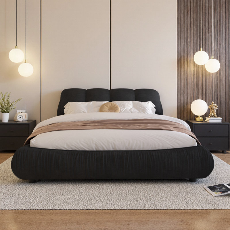 Queen Size Luxury Upholstered Platform Bed | Oversized Padded Headboard | Solid Pine Wood Frame | No Box Spring Needed | Black