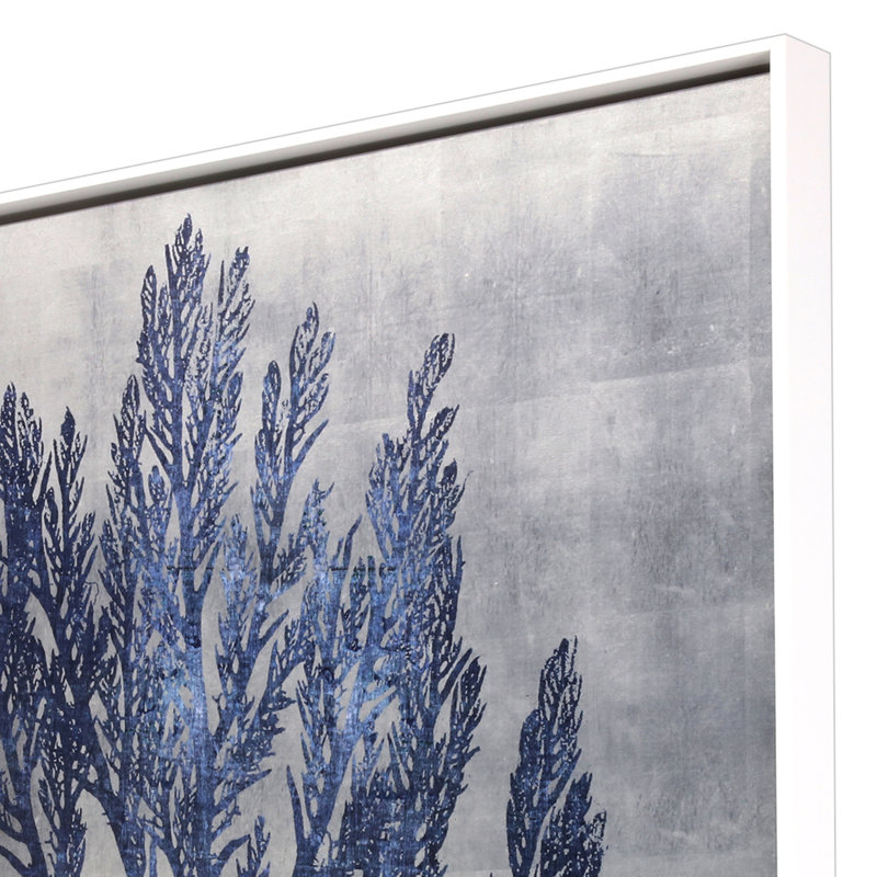 Blue Sea Leaf Print on Canvas with White Wood Frame