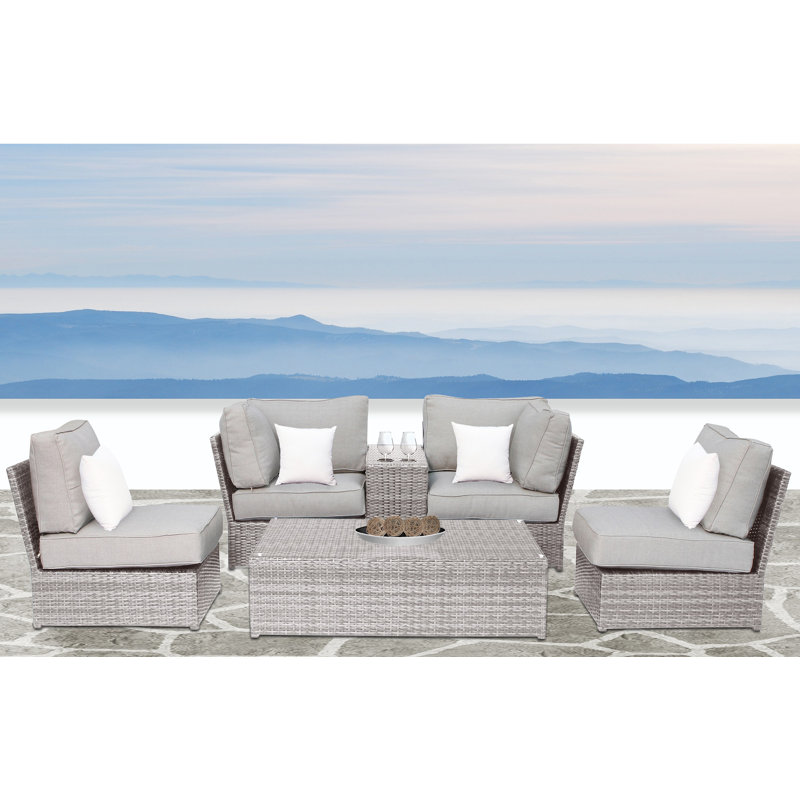 Ensemble de conversation en osier pour 4 personnes avec coussins Juleimy