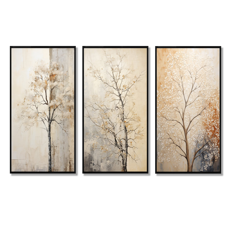 «Beige Trees Oak Solitude», ensemble de 3 reproductions d'art mural, H 28 po x l 36 po, Cadre flottant noir