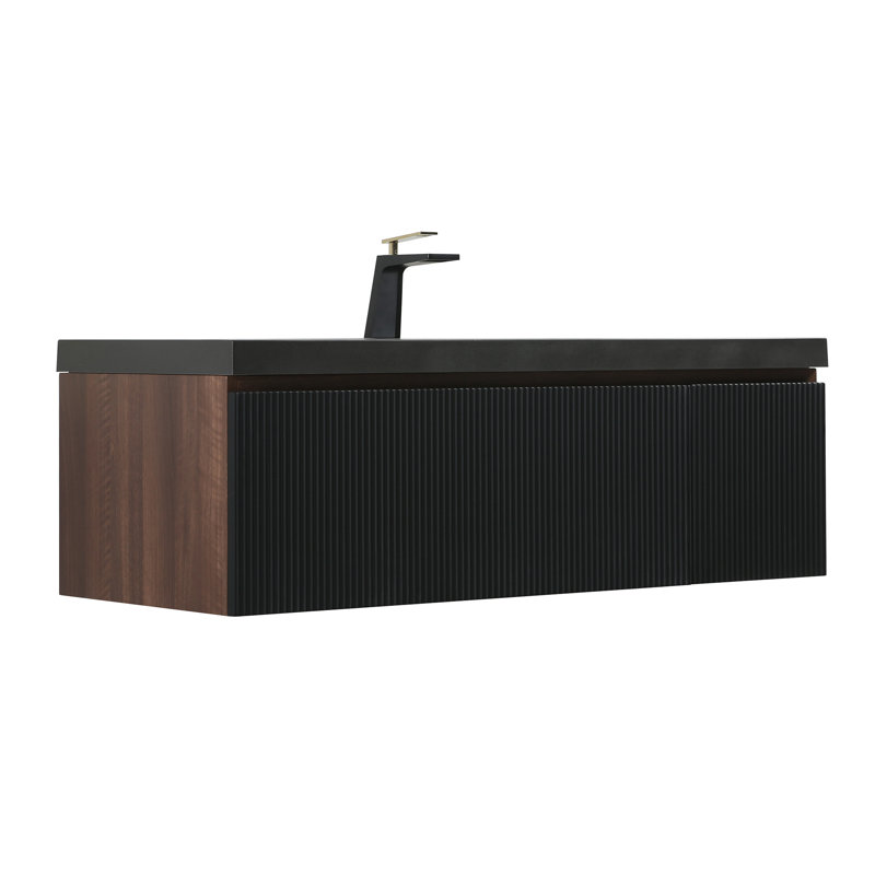 Ensemble de meuble-lavabo flottant mural 48 po en noyer fumé avec plateau en quartz noir, 48"