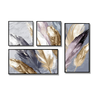 Plume mauve Boho Majesty - art mural moderne 4 panneaux