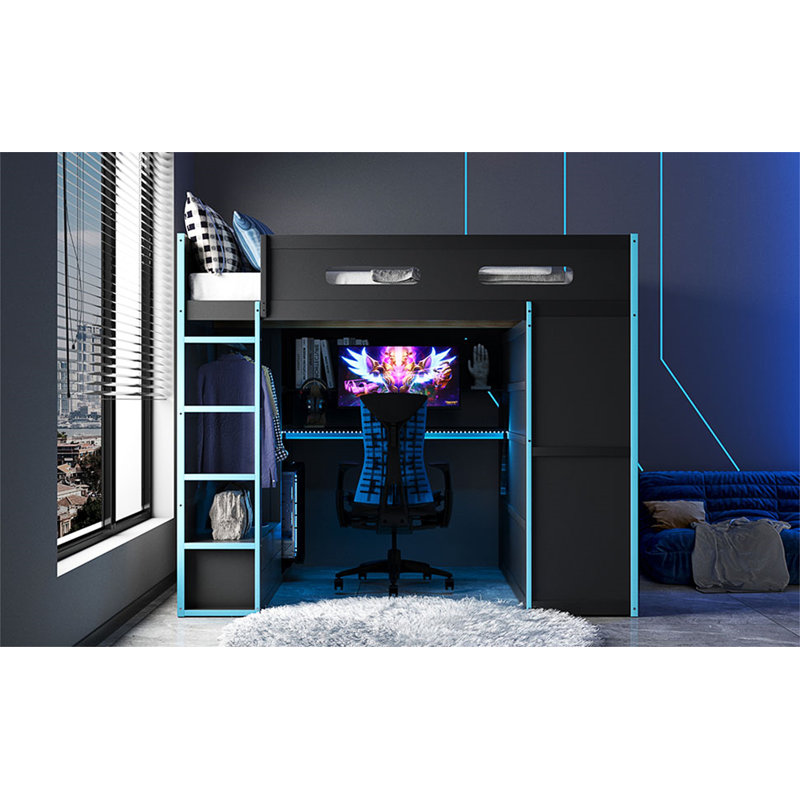 Lit mezzanine en bois avec bureau, Bleu