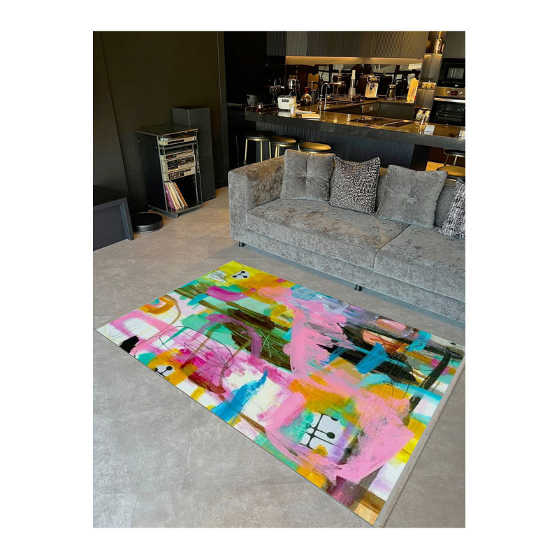 Oil Paint Look Multicolor Abstract Pattern Woven Base Decorative Machine Washable Rug