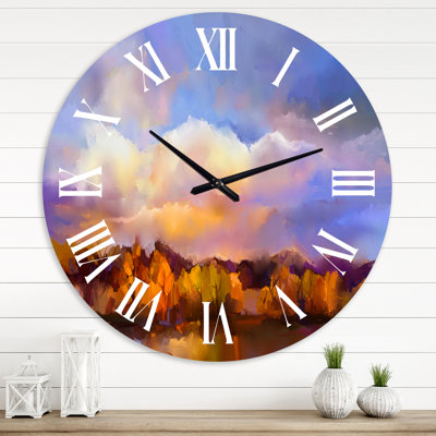 Jaune coucher de soleil sur la forêt d'automne au bord du lac - Horloge murale