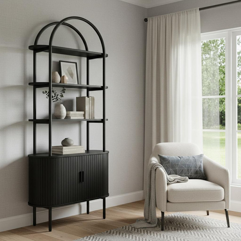 Bibliothèque étagère 71 "à quatre niveaux en bois noir avec deux portes