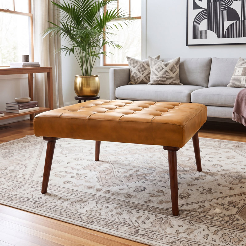 Upholstered Ottoman, Tan Genuine Leather