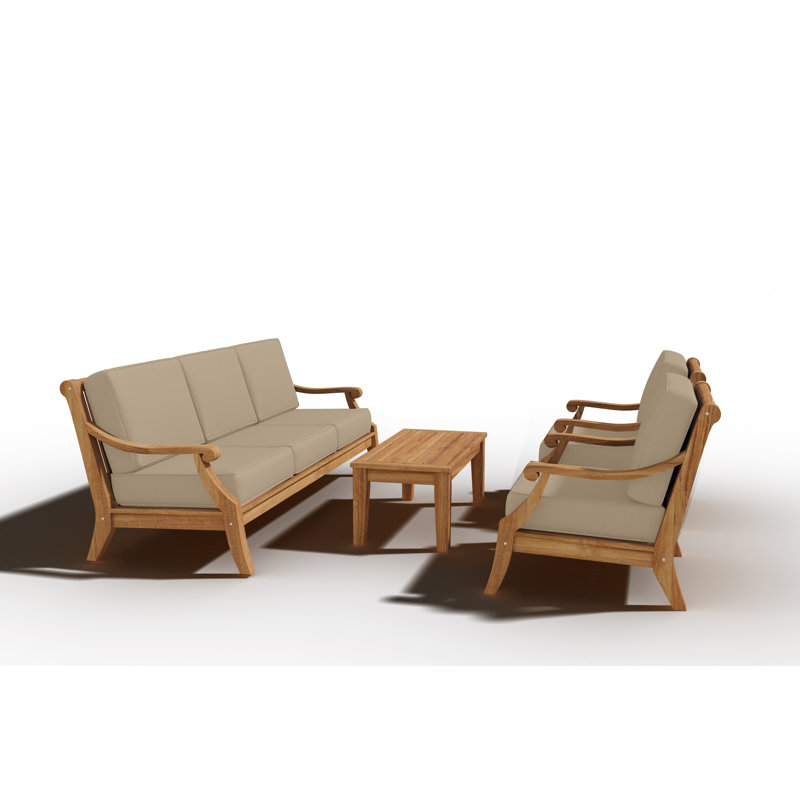 Adrien 4-Piece Teak Outdoor Patio Set with Fawn Cushions