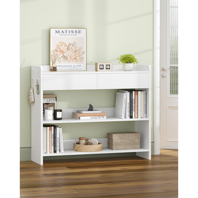 Console Table with Drawers, Hallway Table with 3 Tiers Storage Shelves, Slim Sofa Side Tables with Two Hooks for Entryway Living Room Bedroom 100 x 30 x 80 cm, White 