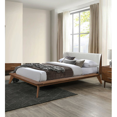 Walnut / Beige Color Queen Size Bed 1Pc Fabric Winged Edge Headboard Platform Bedframe Mattress Ready Mid-Century Modern Style