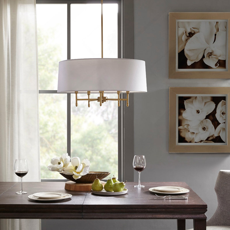 Lustre tambour 5 lumières blanc, Doré, White