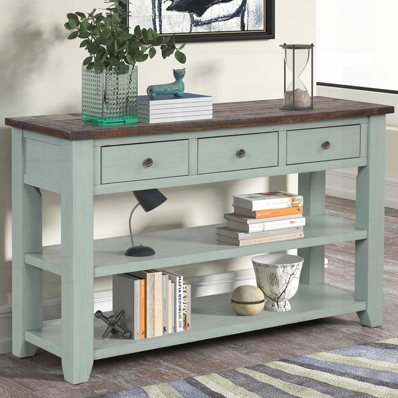 Console en bois de pin massif de 48 pouces avec 3 tiroirs et 2 tablettes, Brun, Bleu